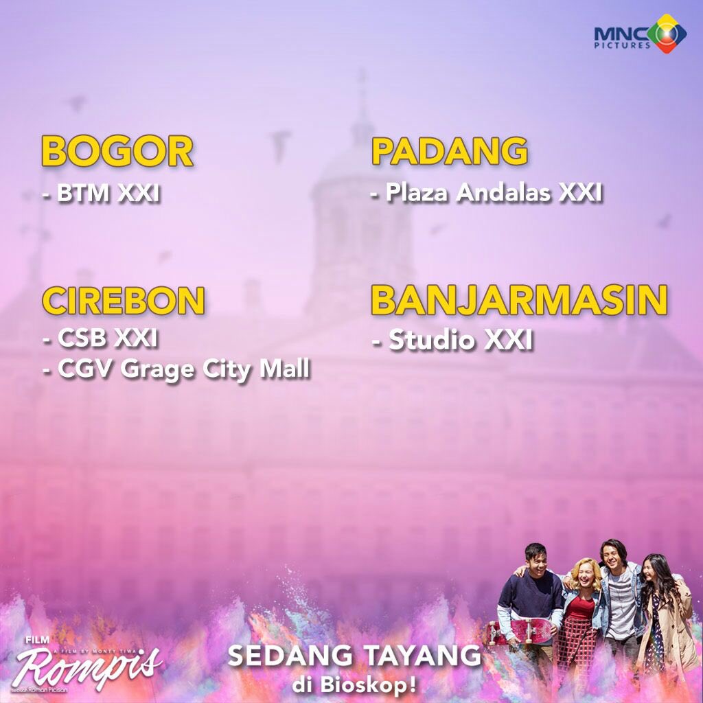 mncpicturesID's tweet photo. Pagiii, Rompis Lovers gimana kabar kalian hari ini? π
Yuuk rame-rame nonton #FilmRompis di bioskop! Selagi masih tayang... Geser image di atas untuk cek lokasinya yaa π
#FilmRompis
#rompisthemovie
#filmromanpicisan
#mncpictures
#mncpmovie
#filmindonesia https://t.co/uFGv9Mws1w