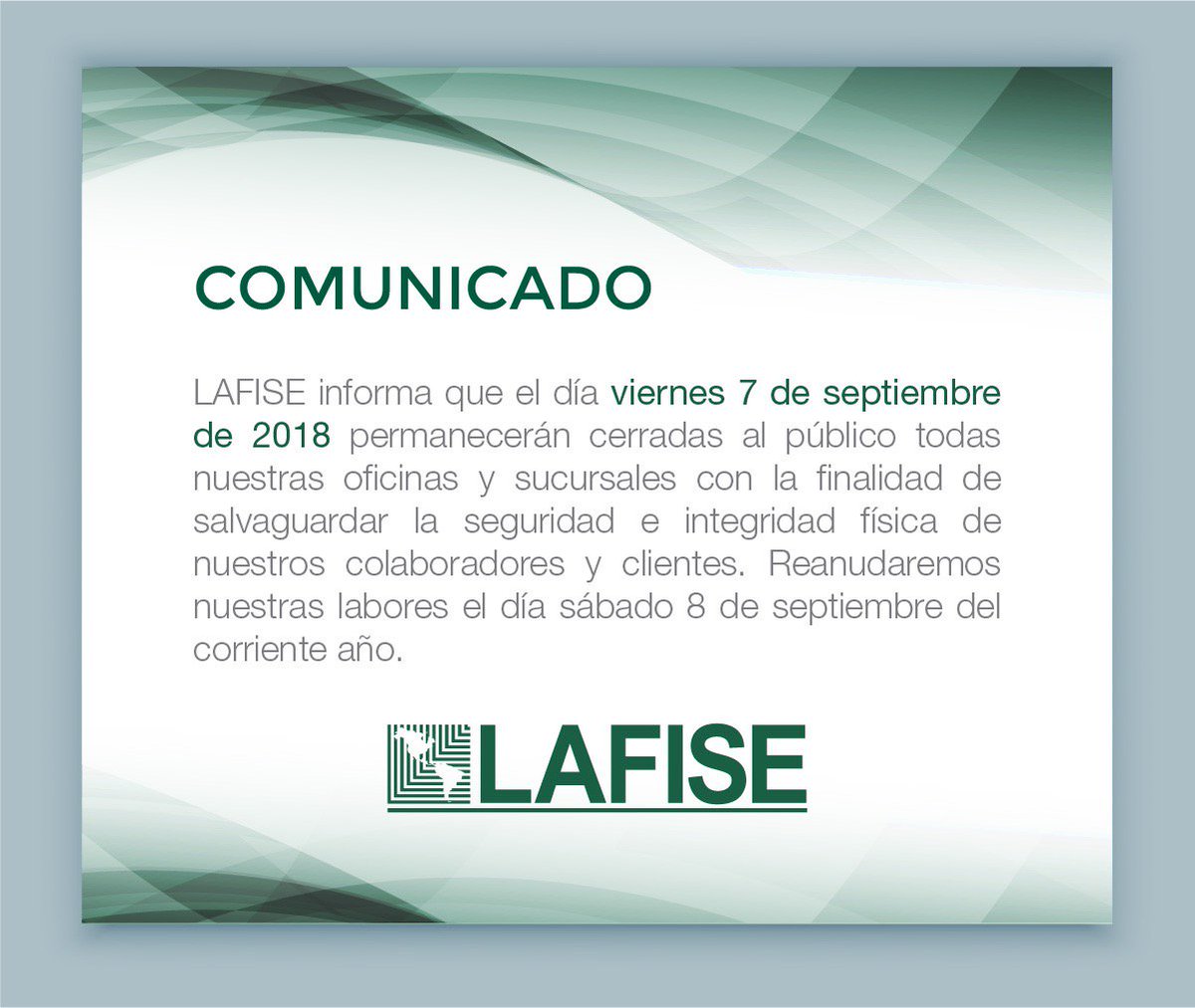 M19Guatemala's tweet photo. Ante la presión en Redes Sociales los Bancos emiten comunicados sobre el cierre de labores este viernes 7 de septiembre día de #ParoNacional falta que se pronucie #BDF #BAC #AVANZ
#SOSNicaragua https://t.co/PSiEVhd3FG