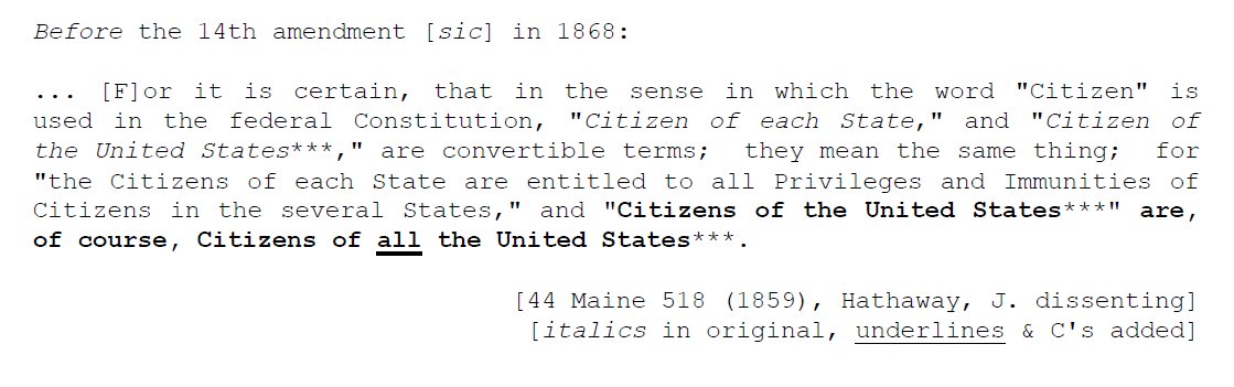 105) Take a close look at that decision in 1859, prior to Civil War, and prior to 1868... It basically affirms that however the hell you want to use the prase "United States" meant the same thing... We are ALL citizens of the United States... No worries! No confusion!