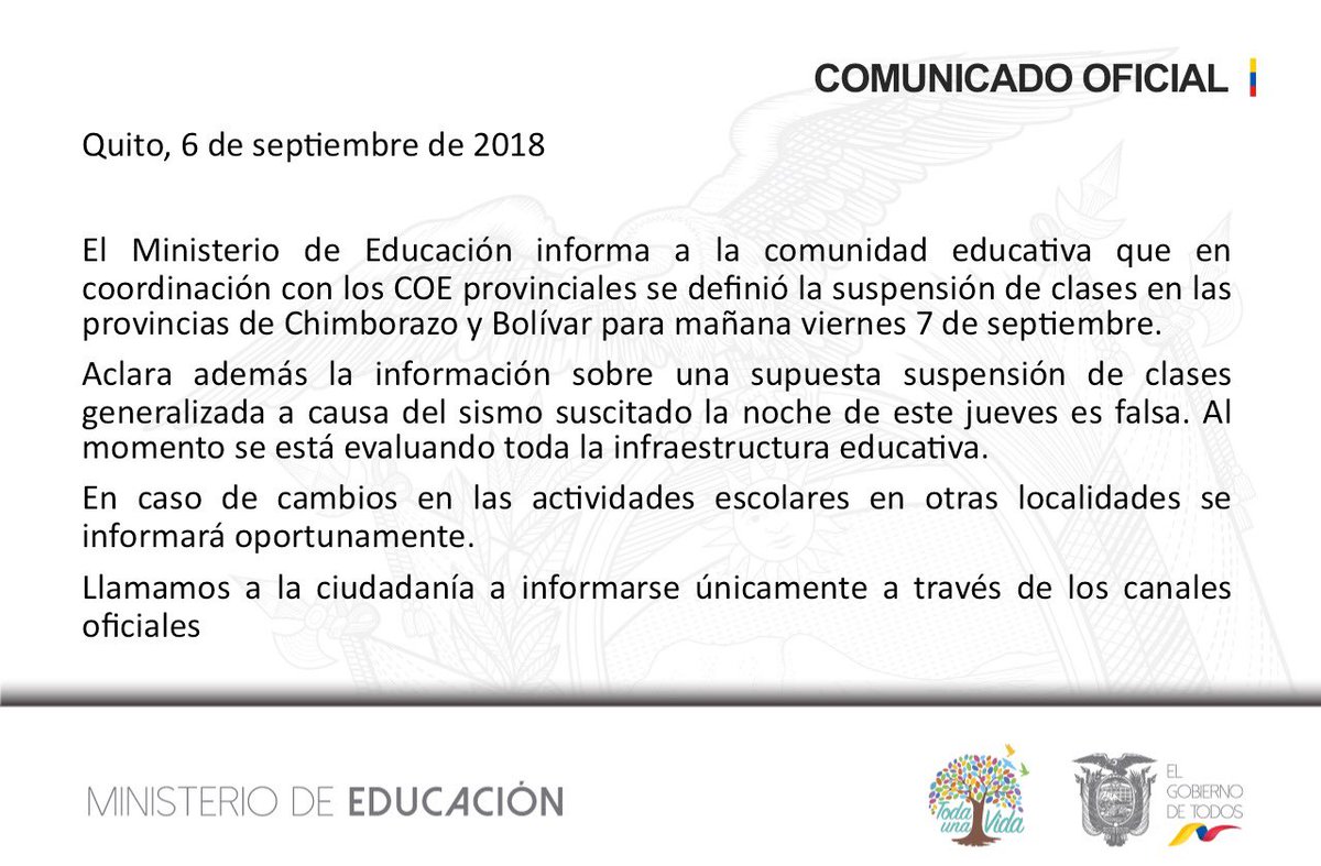 [COMUNICADO] El Ministerio de Educación comunica a la ciudadanía la suspensión de clases el viernes 7 de septiembre, en las provincias de Chimborazo y Bolívar por el sismo suscitado. #Temblor