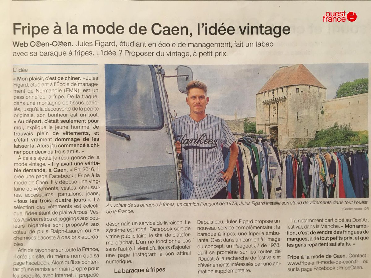 EMNormandie's tweet photo. Jules Figard, étudiant @EMNormandie, fait un tabac avec sa baraque à fripes. L'idée ? Proposer des vêtements vintage, à petit prix. Via @OuestFrance #Entrepreneur #Caen cc @InsIDE_institut https://t.co/1KheAMGjU5