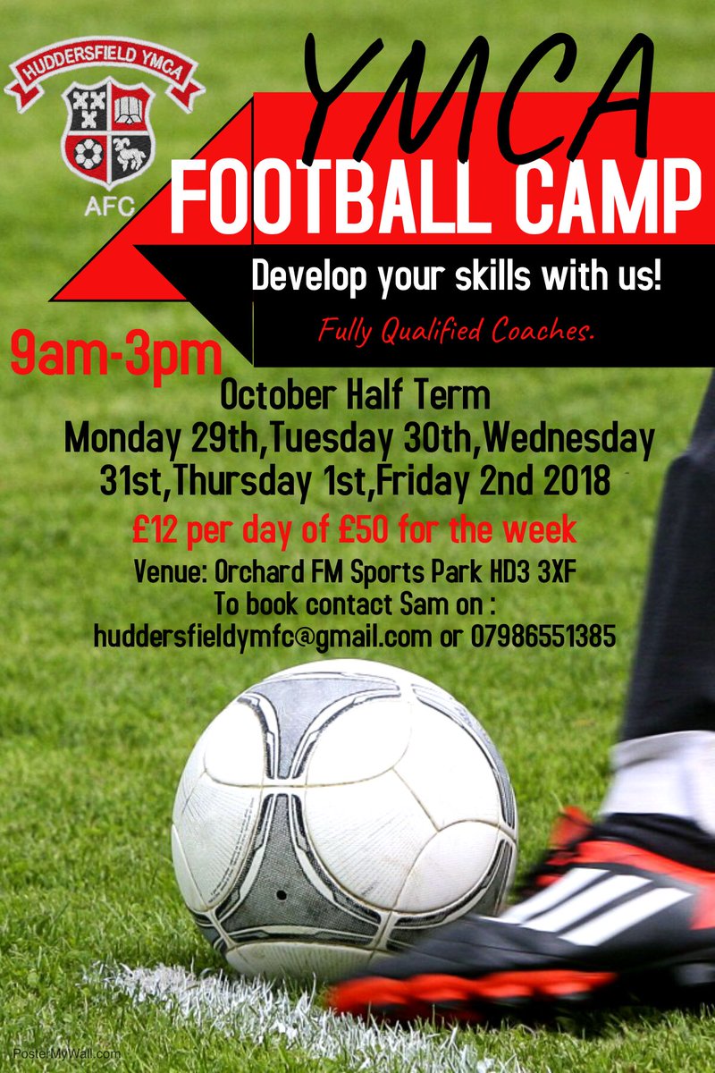 Kids have just gone back to school but half term is only around the corner, get organised and book them onto the @HuddsYMCA football camp 🏆⚽️