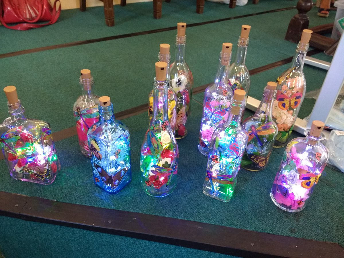 Pabulumcafe's tweet photo. Angie's beautiful bottles raising funds for Pabulum today #dementiacafe #dementia #wymondham #pabulumcafe https://t.co/l7I0QM6gr5