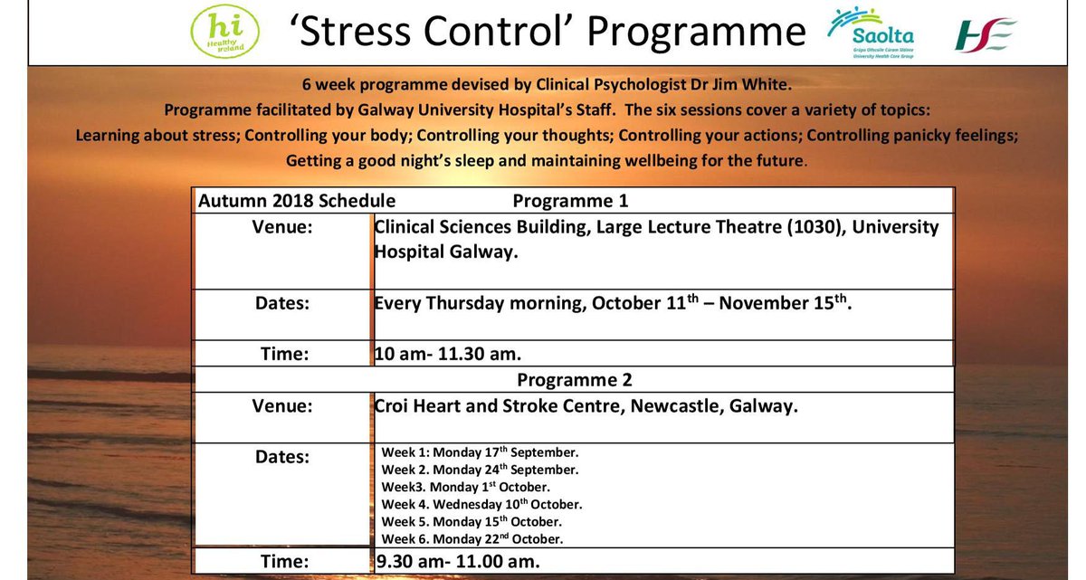 HSE_West_NWest's tweet photo. A 6 week stress control programme devised by Clinical Psychologist Dr Jim White facilitated by #GUH will run from 11 October to 15 November. Staff members and the general public are welcome to attend. For further info on the #stresscontrolprogramme visit https://t.co/YVxw6xwaAE https://t.co/Zc3UMmEqAU