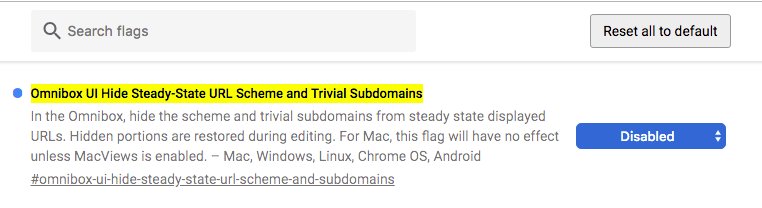 suzukik's tweet image. Pro Tip: If you want to display subdomains/scheme in new Chrome 69, just disable "chrome://flags/#omnibox-ui-hide-steady-state-url-scheme-and-subdomains".