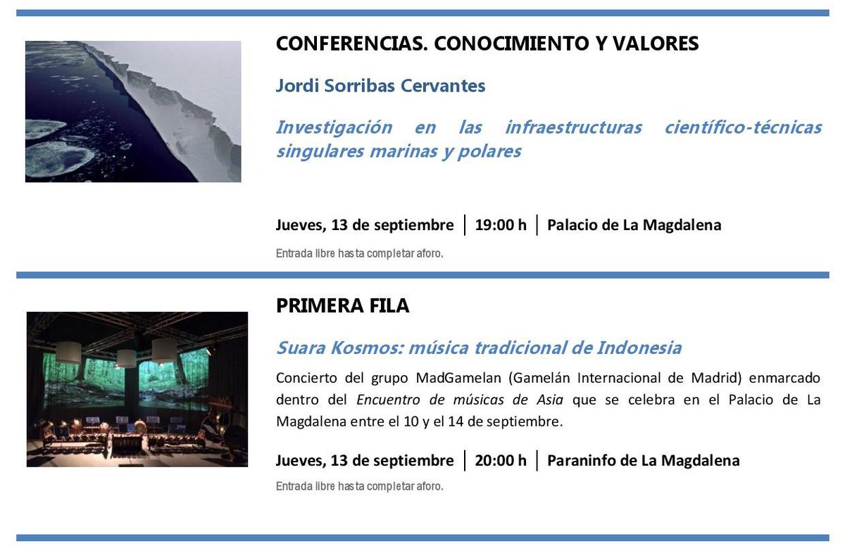UIMP's tweet photo. La próxima semana es la última de las #CulturalesUIMP 😭
@EspidoFreire y @fernandomarias en los #MartesLiterarios, #PrimeraFila trae las #MúsicasdeAsia, la @_OJAA en #Concierto de #Clausura, y el científico del @CSICCat #UTMCSIC Jordi Sorribas en #ConocimientoyValores.
#UIMP2018 https://t.co/rwup8cGusy
