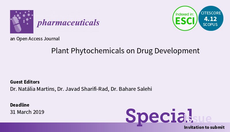 Pharmaceut_MDPI's tweet photo. Open for submission: #SpecialIssue "Plant Phytochemicals on Drug Development" The deadline is 31 March 2019.
#Phytopharmacology
#Phytochemistry
#Drugdiscovery
#Bioavailability
#Bioefficacy
#mdpipharmaceuticals https://t.co/xcFNdEkhx5