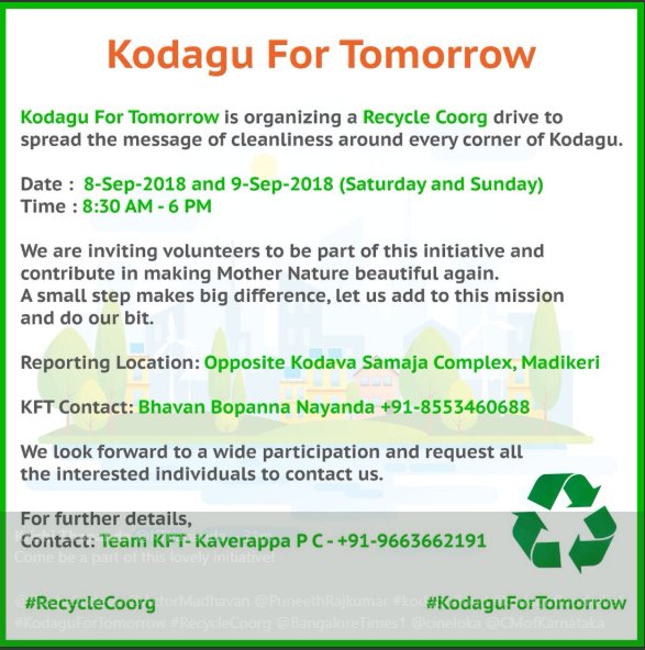 kodagu4tomorrow's tweet photo. Join us to be part of #CleanCoorgInitiative
#KodaguForTomorrow #RecycleCoorg #KodaguFloods

@gulshandevaiah @P9Ashwini @rohanbopanna @actressharshika @rajshriponnappa @BhuvannPonannaa @gangapg @pgcat @nikhilchinapa https://t.co/M0dL3kPgQn