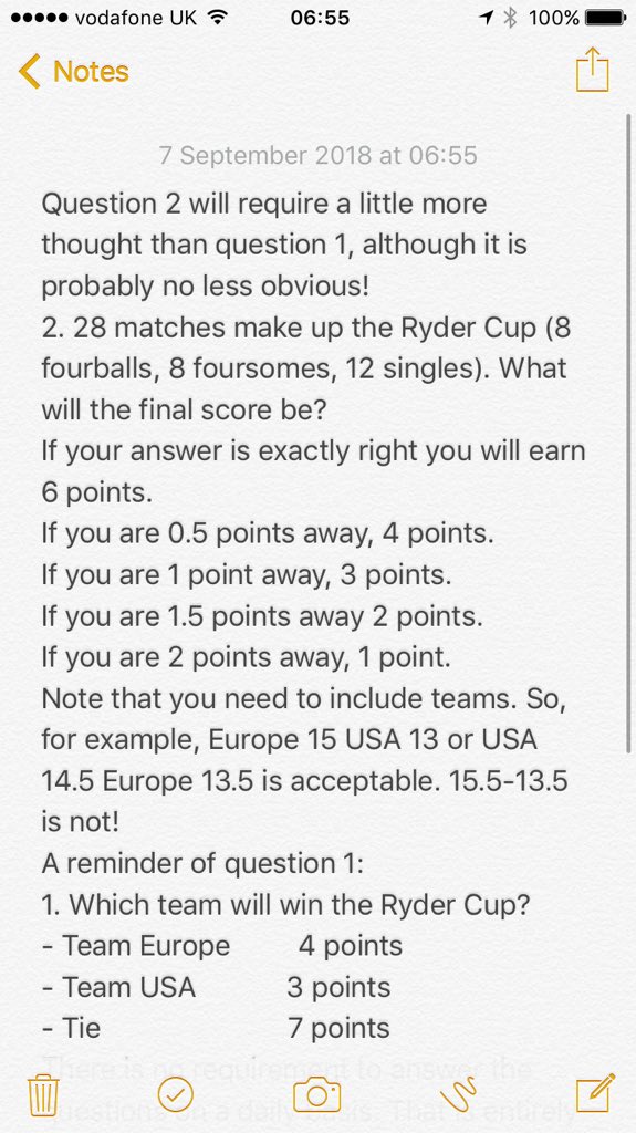 All you golf fans! Here's question 2 of my #RyderCup2018 competition. All welcome to enter. 20 questions, 1 posted every day. £20 entry, 75% of which is prize money,25% split between <a href="/Racingwelfare/">Racing Welfare</a> &amp; <a href="/PancreaticCanUK/">Pancreatic Cancer UK</a>, the 2 charities for whom I did <a href="/WalkTheCourses/">Walking The Courses</a>. DM for details