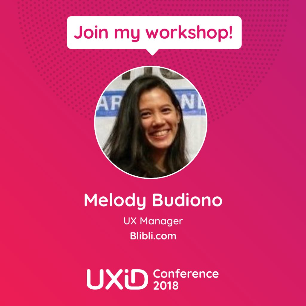 uxindonesia's tweet photo. Introducing UXID Conference 2018 workshop facilitator:
Melody Budiono
UX Manager at https://t.co/SA5iSKxJof

#usability #usabilitytesting #abtesting #growinginux #UXID2018 #UXID #UXCONF #conference #uxconference #uxindonesia #uxevent #indonesia #jakarta #UX #UXD #UXDesign #Design https://t.co/hyIMN5NtIE