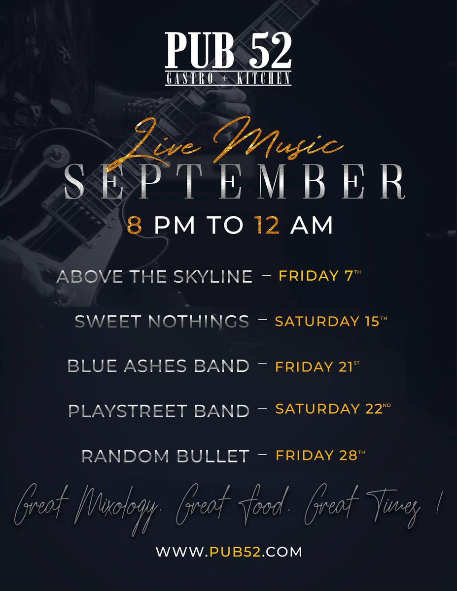 PUB52MIAMI's tweet photo. Have you checked out our Band Line up for this month? 
Live Bands Friday &amp; Saturday nights at 8 pm... 

#Livemusic #localbands #Pub52 #Gastrogrub #Cocktails #Musicians #Southmiami #CoralGables #kendall https://t.co/SI1IjdkFvY
