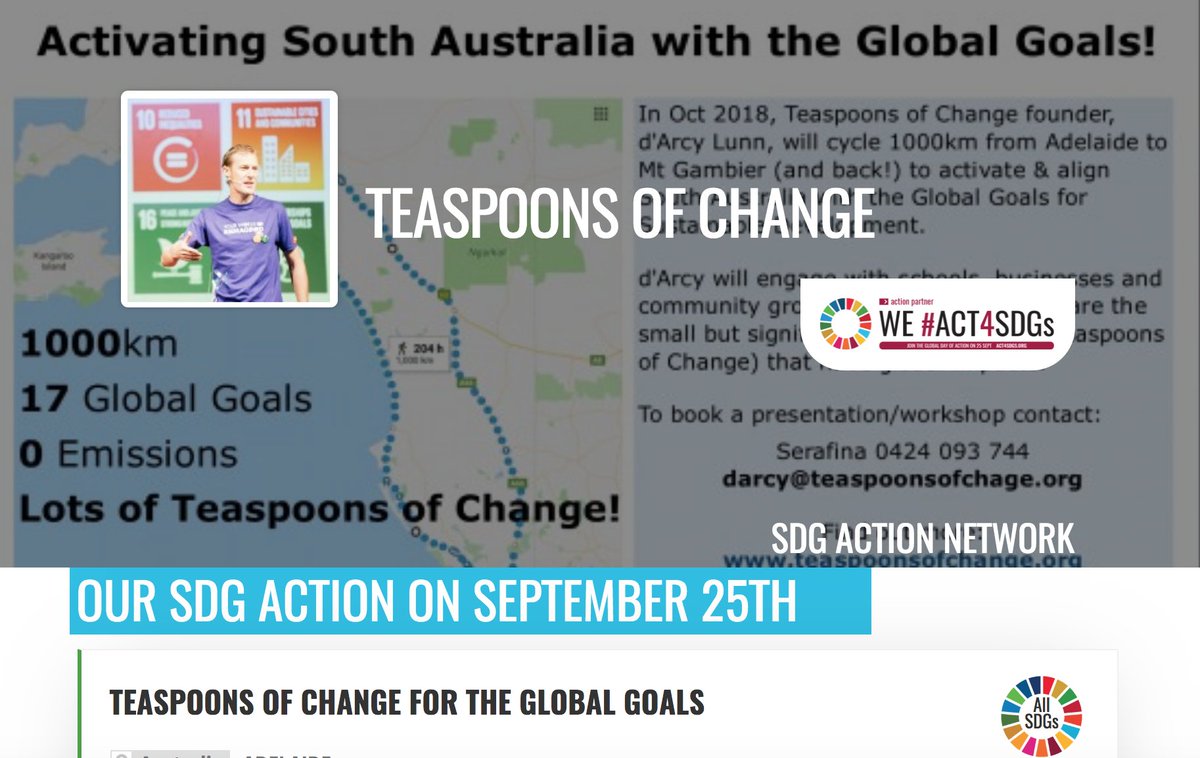 #act4SDGs #featured partner shoutout 📡! @Tspoonsofchange to cycle 🚲1000km in #Australia starting 25 September to promote the #SDGs & @TheWorldsLesson! Join them: act4sdgs.org/partner/teaspo… Not a partner yet? Be part of the movement: act4sdgs.org #globalgoals