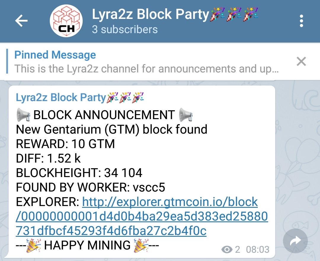 P00l_NET's tweet photo. Check out our Telegram 'blockbot' @lyra2z_ch which notifies on every found #Telegram @Gentarium_GTM #miningpool #blocknotify #crypto #blockparty https://t.co/IzT0nycKkT