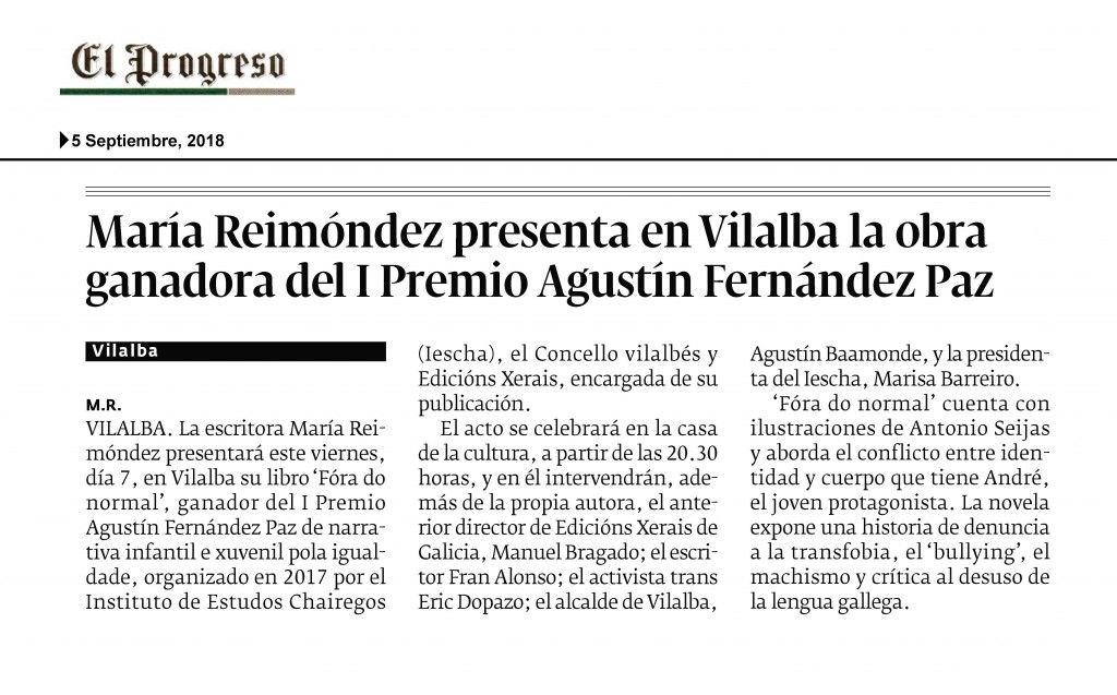 Xerais's tweet photo. Información en @elprogreso_Lugo sobre a presentación esta tarde en Vilalba de #ForaDoNormal, a novela coa que María @reimondez gañou o I Premio Agustín Fernández Paz. A autora estará acompañada, entre outras persoas, de @falonso e @bretemas.
https://t.co/PEWMJR2HCZ https://t.co/0jCgoPdw3u