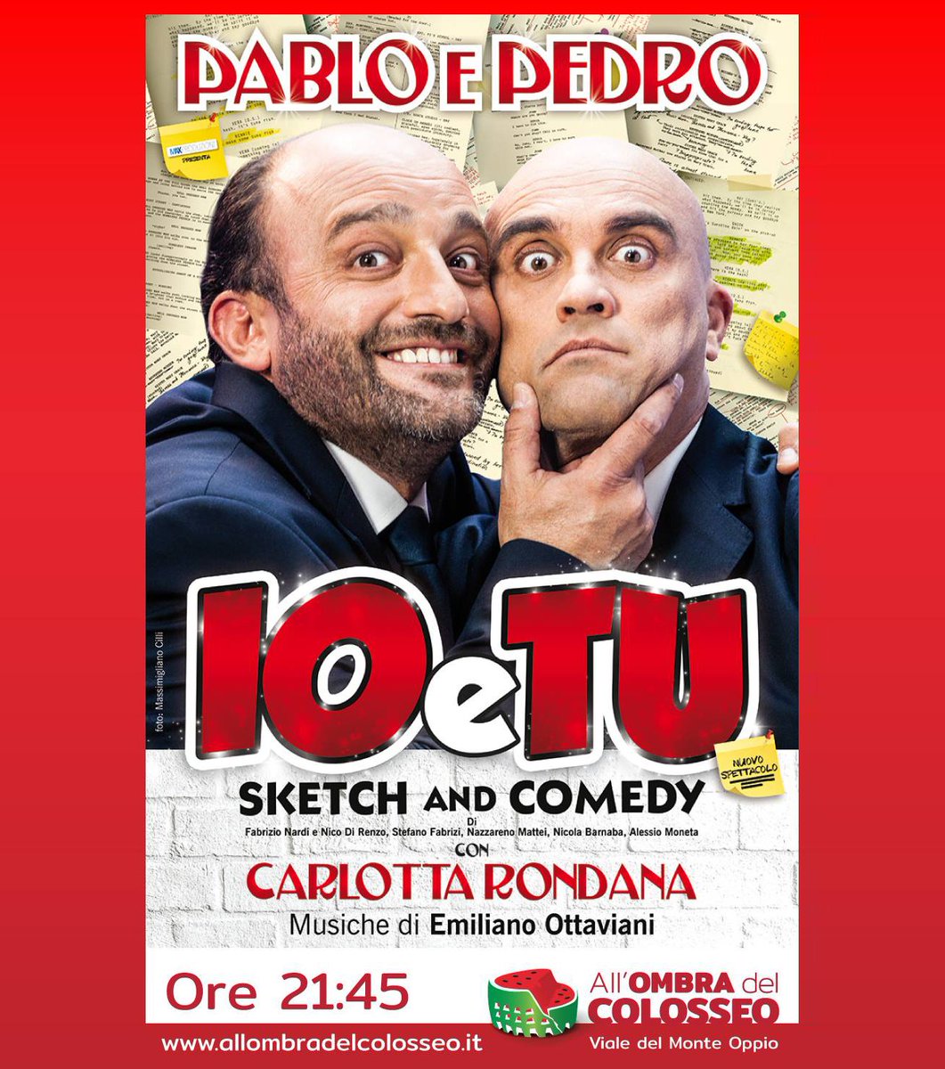 Questa sera Pablo e Pedro in "IO e TU sketch and  comedy" sul palco di All’ombra del Colosseo! 
 Info e biglietti => bit.ly/CheSpettacolo
 #EstateRomana #Cabaret #AllOmbraDelColosseo #StreetFood #Aperitivo