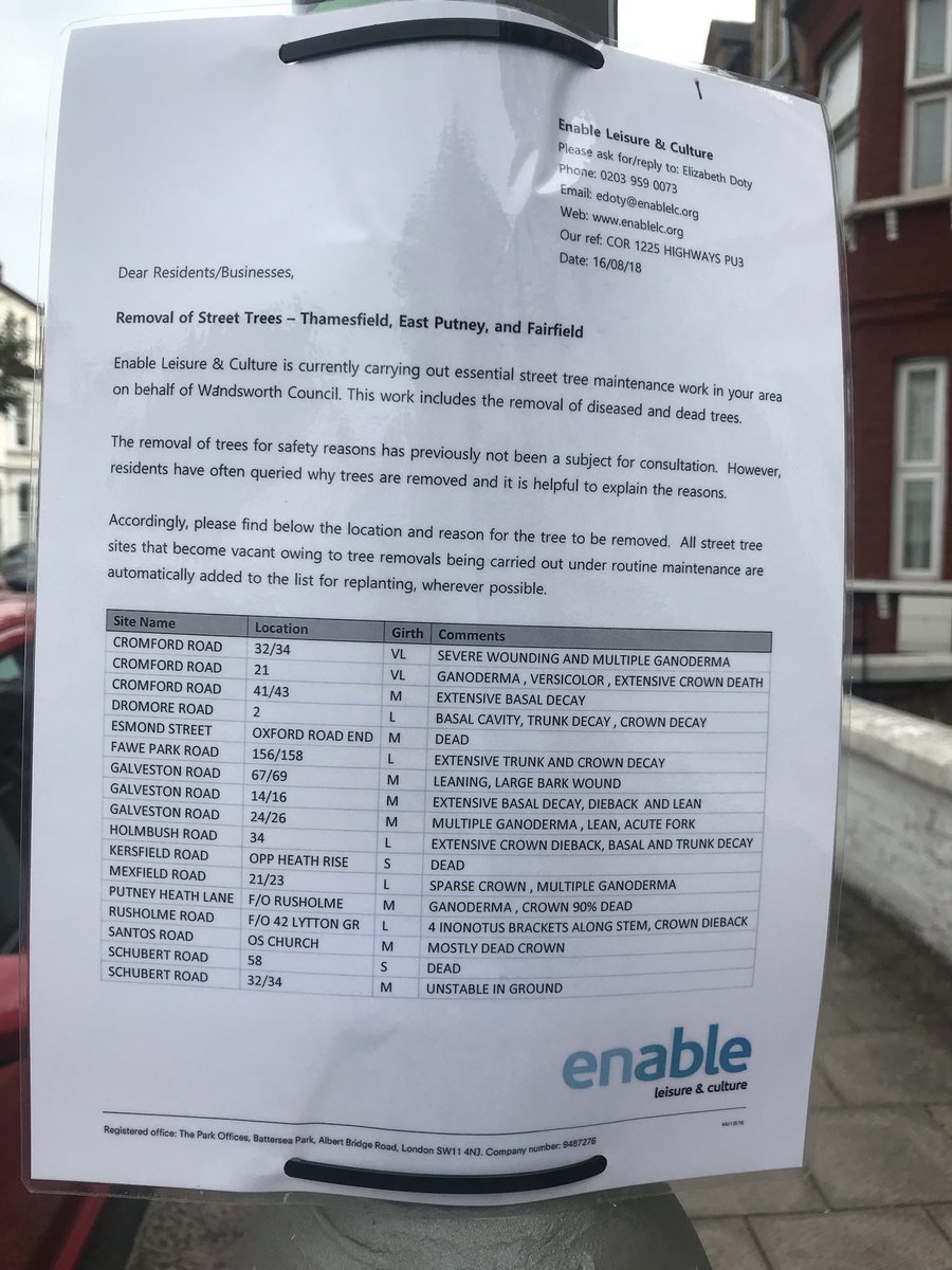 Sadly a tree 🌳 in my road needs to come down 😢 ...

but we’ve been given warning and explanation and told it will be replaced @enableLC 👍🏻

twitter.com/ticlme/status/…

#MexfieldRoad @wandbc @WandsworthTrees @JohnLocker_UK