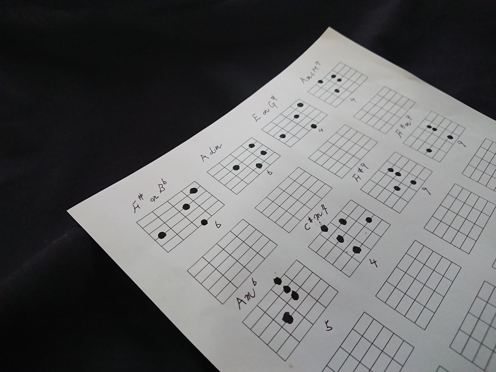 おとおさん 会話は無しでおねがいします A Twitter もう老眼だし新しいことはなかなか覚えられから コードダイアグラムを書いて見て弾かないと もはや指が覚えてくれません 山下達郎 Sparkleのbメロです 認知症予防です やかましい