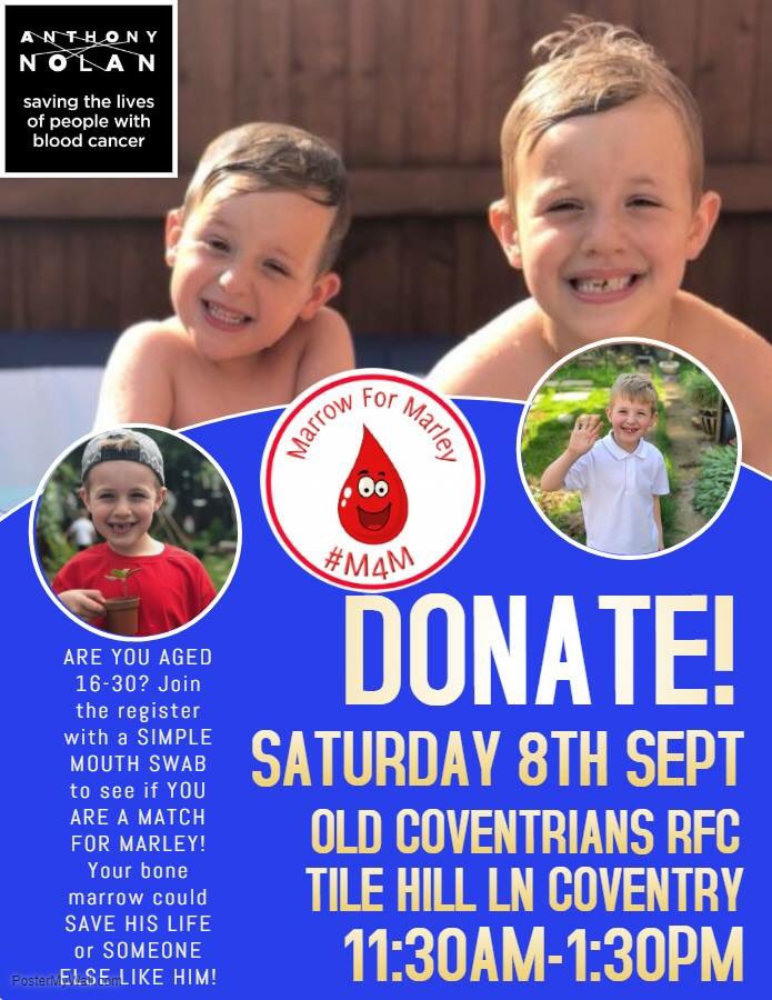 Please come along tomorrow to <a href="/OldCoventsRFC/">Old Coventrians RFC</a> from 11.30am to do a swab test to find a donor match for 6 year old Marley. Open to all men and woman aged 16-30 #rugbyfamily #marrowformarley PleaseRT <a href="/AndyGoode10/">Andy Goode</a> <a href="/jimmygopps/">jimmy gopperth</a> <a href="/joesimpson9/">Joe Simpson</a> <a href="/WaspsCommunity/">Wasps Community</a> <a href="/WaspsRugby/">Wasps Rugby</a> <a href="/Coventry_Rugby/">Coventry Rugby Club</a>