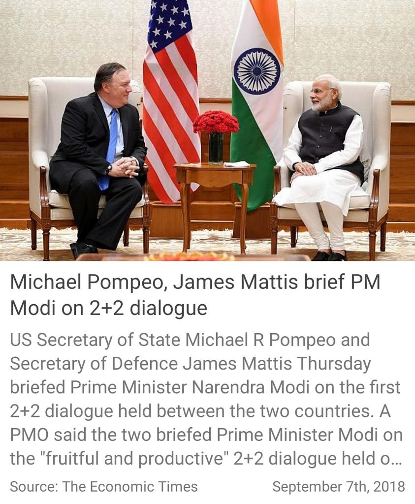 TCKrishnan4's tweet photo. Michael Pompeo, James Mattis brief PM Modi on 2+2 dialogue✌ https://t.co/4eEL4jK6iq