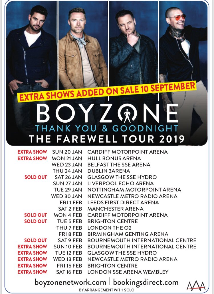 theREALboyzone's tweet photo. Due to huge demand the Boyz have added a further seven shows to their upcoming farewell ‘Thank You &amp; Goodnight’ tour!

Tickets for all added dates go on sale from 9am on Monday September 10th. Tickets available from https://t.co/tToz54FUiF. https://t.co/grcBtmWxeE