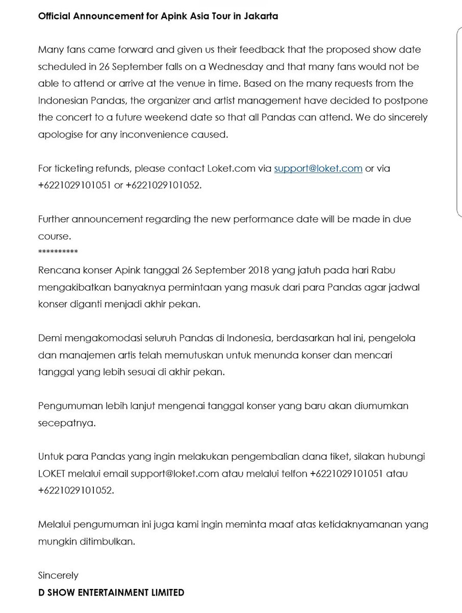 Official Announcement for Apink Asia Tour in Jakarta
For ticketing refunds, please contact Loket.com via support@loket.com or via +6221029101051 or +6221029101052.