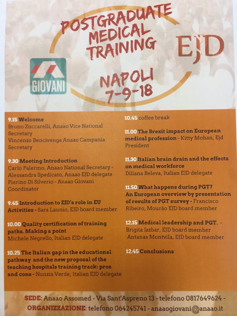Today <a href="/ejdpwg/">EJD</a> has a joint conference with ANAAO Giovani discussing about postgraduate medical training in Naples, Italy. 
<a href="/ejdpwg/">EJD</a> 
#postgraduatetraining #Naples #Italy