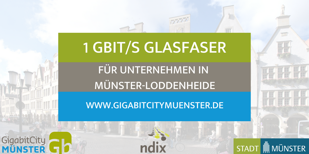 High-Speed für #Loddenheide – konkurrenzlos günstige #Glasfaser.
Ab August 2018 bietet NDIX im Gewerbepark Loddenheide in #Münster 1Gbit/s #Glasfaseranbindungen für Unternehmen an und das zu einem konkurrenzlosen Preis von € 199,- pro Monat! gigabitcitymuenster.de <a href="/muenster_de/">Stadt Münster</a>