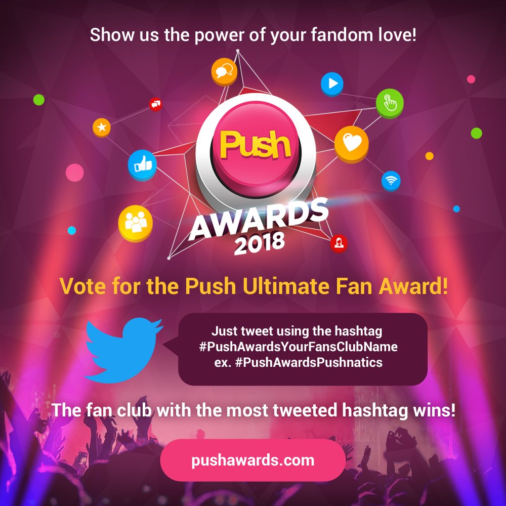 JanverDaily's tweet photo. Whose fandom will own the title as #PushAwards2018 Ultimate fans? Start tweeting your fan club hashtags now! #PUSHitivity https://t.co/7FRsBOawUY https://t.co/bnlTq9Vcwu