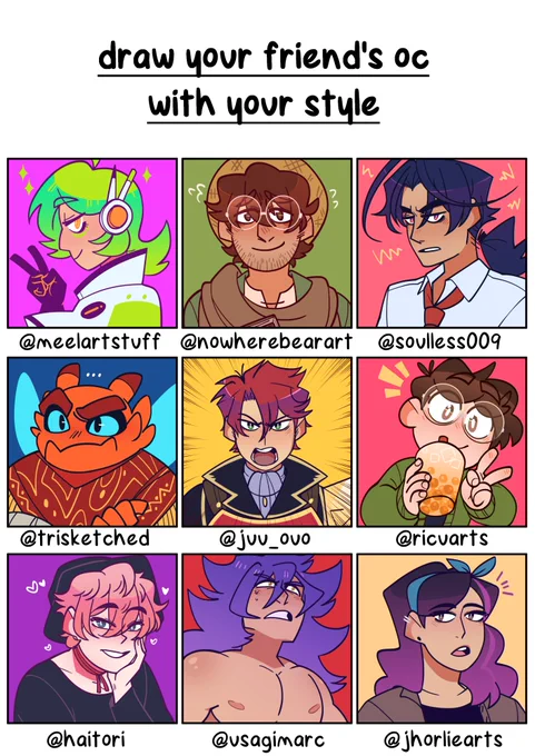 finished the oc meme thing!! thanks to everyone that lent me their children :'0 owner's names are under the art! 