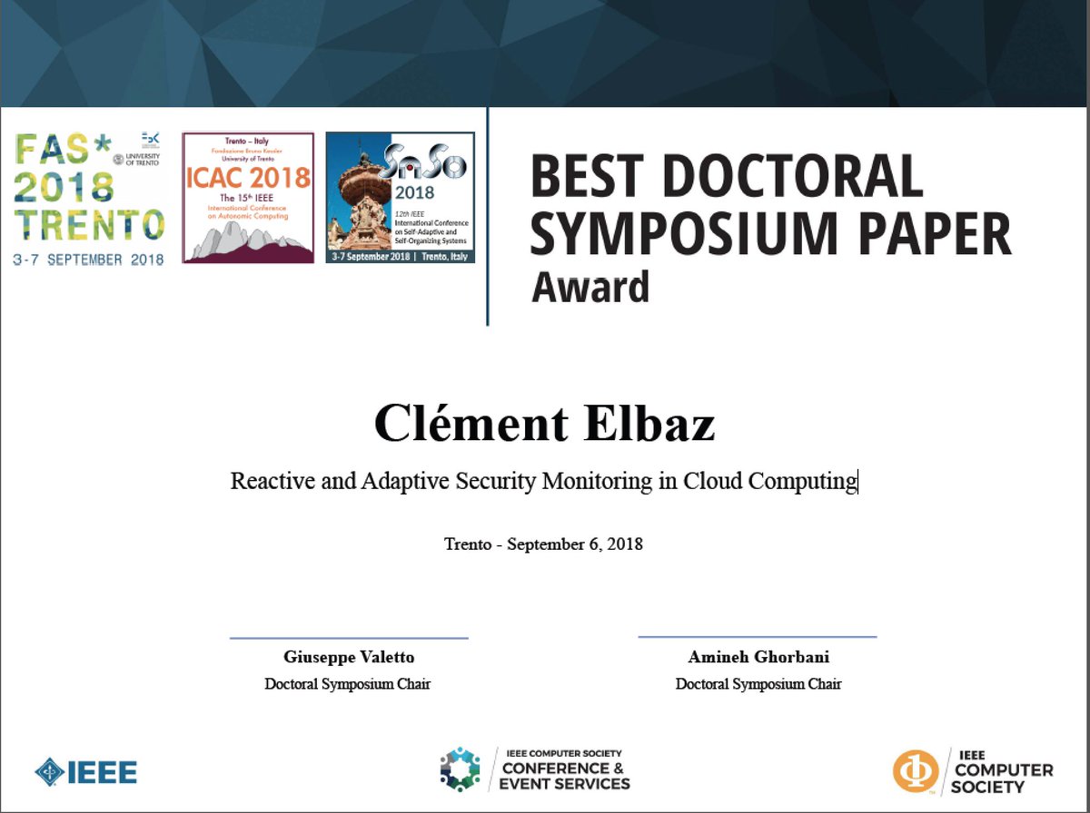 antbucc's tweet photo. FAS*2018 Best PhD paper, Demo and Posters. Congratulations to all of you. @SASO_2018 @icac2018 @FBKcom @DISI_UNITN https://t.co/L6xF1QqPIF