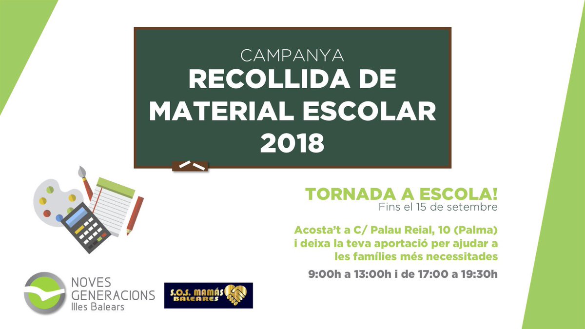 📚 Per aquesta tornada a escola no volem que cap alumne es quedi fora material escolar! 

📘 Per això, organitzam una recollida de material a totes les Illes per ajudar a les famílies més necessitades.

📥 Deixa’ns la teva contribució!

#EscolaPerTots #SomSolidaris ✏️📚✂️