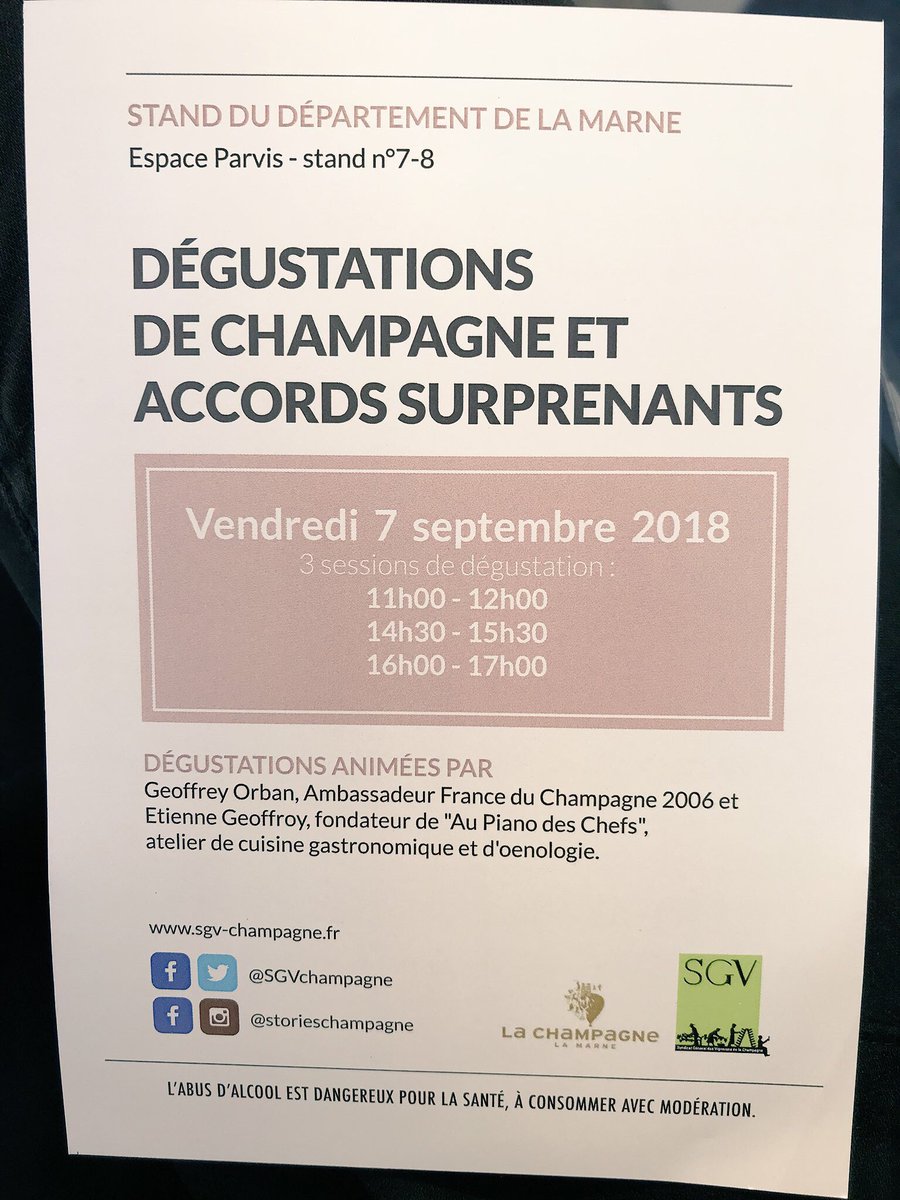 SGVChampagne's tweet photo. Retrouvez-nous sur le stand @DptMarne à la @foiredechalons pour des dégustations de champagne et accords surprenants.
Dégustations animées, Geoffrey Orban, Ambassadeur France du Champagne 2006 et Éric Geoffroy, fondateur au « Au Piano des Chefs », atelier de cuisine. https://t.co/YG5loSfeH4