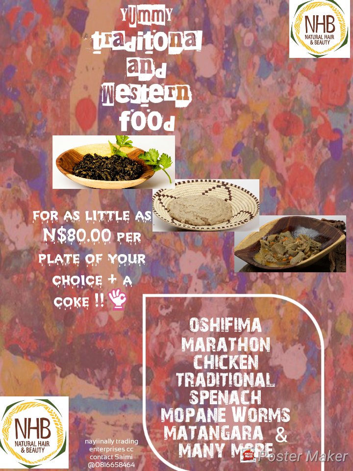 NhbeNamibia's tweet photo. Meet Our Vendors For The Expo!

For All Your Traditional &amp; Western Food 🇳🇦
Nayiinally Trading Enterprises CC

The Natural Hair &amp; Beauty Expo, September 8th 2018 😊
#NHBE2018 https://t.co/kmWxGuCZIJ
