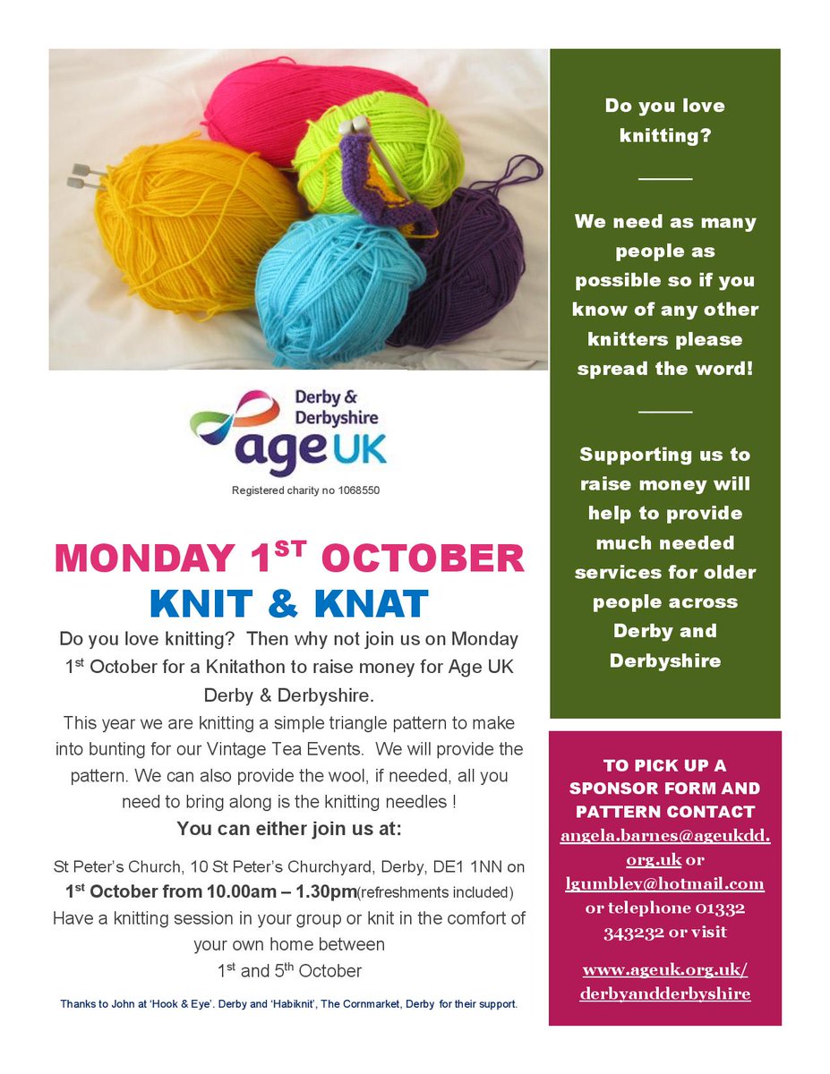 NickCTooley's tweet photo. Knitters - can you help raise much needed funds for @AgeUK_DD in #Derby? #knitting #knitters https://t.co/kzJmhTRo5s
