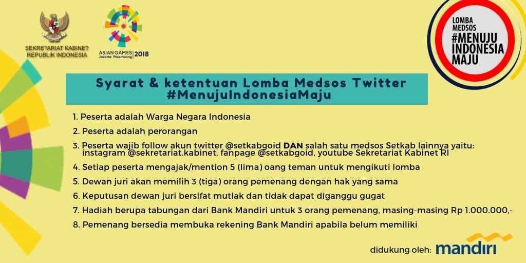 Walaupun #AsianGames2018 tlh usai,perjuangan para atlet tdk akan dilupakan. Setkab ajak kamu utk menebak 5 atlet yg tlh berlaga bagi negara. Tulis jwban pd kolom komentar sesuai format, periode lomba 7-13 Sept pukul 23.59 WIB. Dapatkan hadiah tabungan @Rp1 juta utk 3 org pemenang