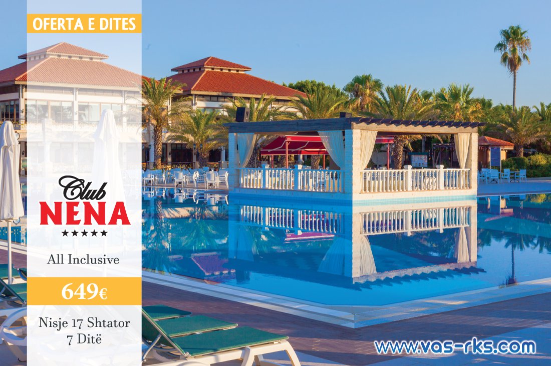 VASTOUR1's tweet photo. Përshëndetje miq,

Oferta e ditës për sot 😍

🏨 CLUB NENA 5* | Side

17 Shtator / 7 ditë

Ne çmim janë të përfshira:
✈️ Bileta e aeroplanit: Prishtinë - Antalya - Prishtinë
🚌 Transferi: Aeroport - Hotel - Aeroport
🏨 Akomodimi për 7 Ditë
💶 Të gjitha taksat

#JoinUsLoveVAS https://t.co/GJ7jBKQA88