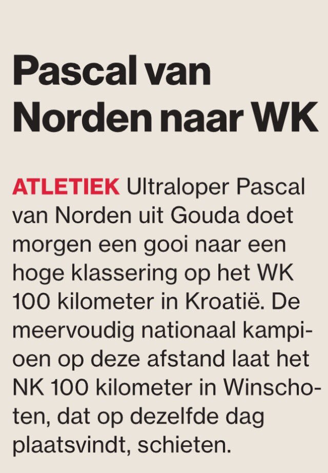 HansBraker's tweet photo. Atleet Pascal van Norden van @AVGouda loopt morgen WK 100 km (uit @AD_GroeneHart)

#ultralopen #succes! https://t.co/cc7E5KFYU5