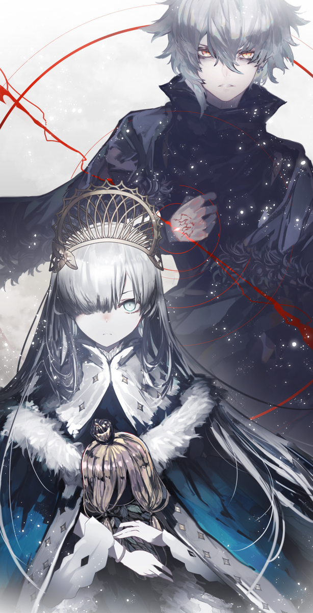 anastasia (fate) 1girl 1boy crown long hair grey hair command spell hair over one eye  illustration images