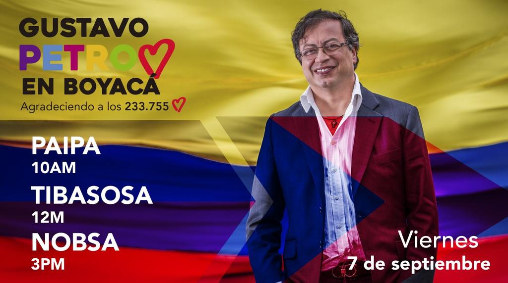 petrogustavo's tweet photo. Hoy estaremos en las plazas públicas de los siguientes municipios de Boyacá.

Construimos las ciudadanías libres y la Colombia Humana. https://t.co/NJNAChI7gO