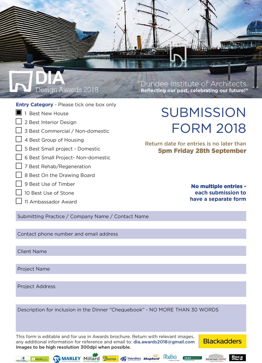 DIAdundee's tweet image. The DIA design awards are now open for entries!! With 11 categories to choose from you can download your application form here...
gallery.mailchimp.com/b78a666856d4fd…()

Completed application forms must be submitted by 5pm on Friday 28 September 2018 to dia.awards2018@gmail.com