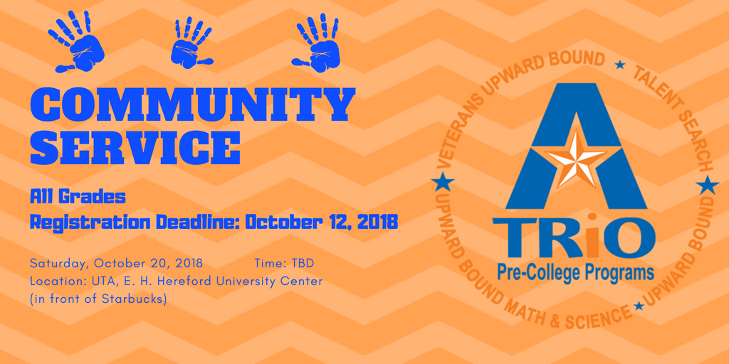 TexanTRiO's tweet photo. Wear your program t-shirt. You will receive a volunteer certificate noting your service hours. Complete permission forms for the 2018-19 academic year, and bring the to room 119! 

Remember, helping others is the secret sauce to a happy life! https://t.co/m6ODKxiBuu