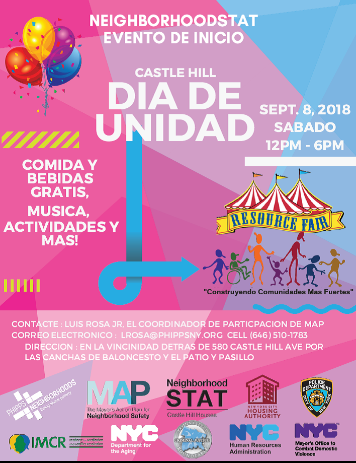 CrimJusticeNYC's tweet photo. ¡Residentes de Castle Hill! Salgan este sábado para que compartan, diviertanse y descubran lo que está en proceso con su equipo de #NeighborhoodStat. #SafeVibrantNYC #Bronx https://t.co/RfieLadQ9K