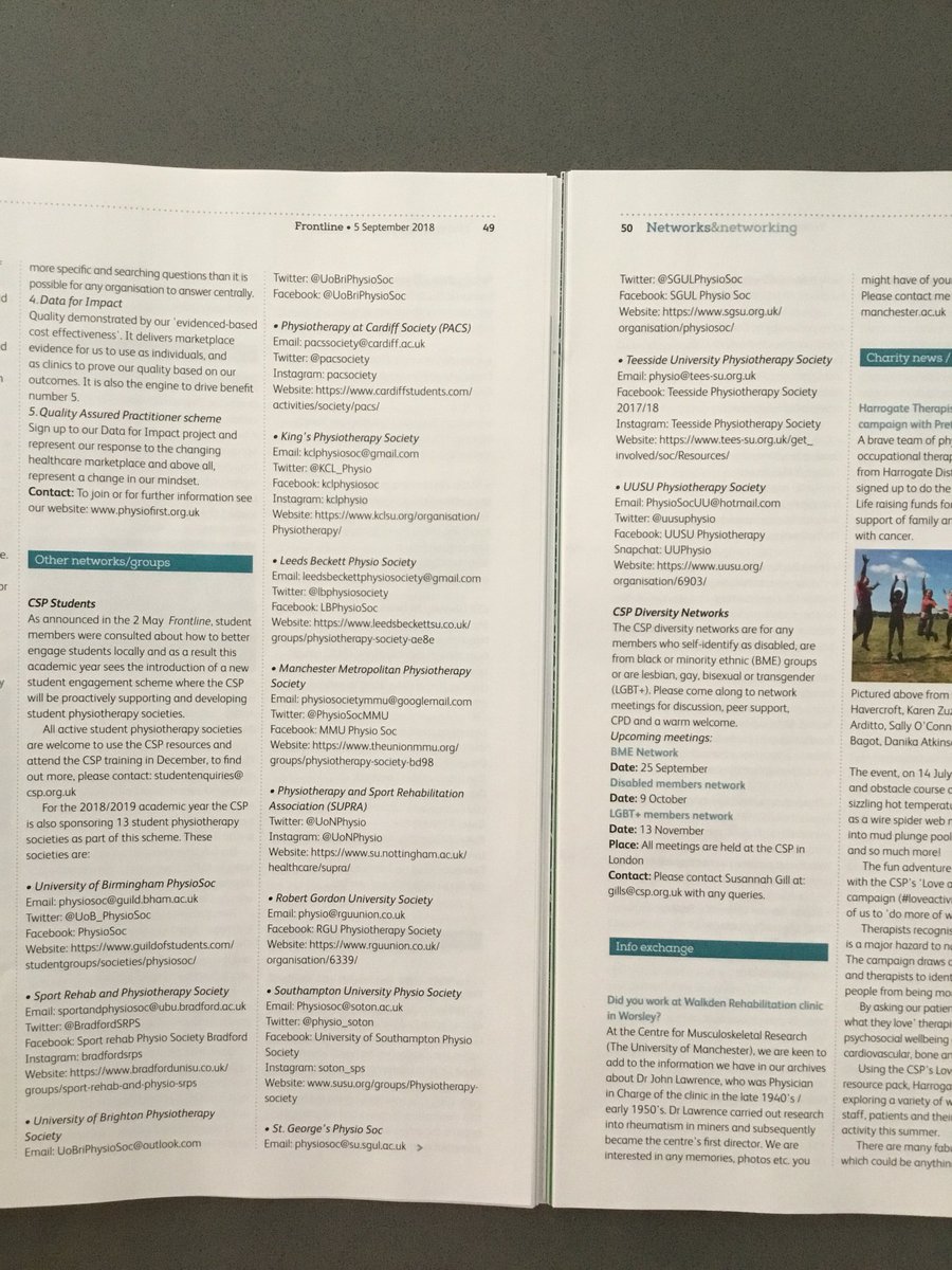 In Frontline back in May @LukeTPhysio <a href="/PhysioHughes/">Matt Hughes</a> &amp; @DaraRoisin talked about the new opp for <a href="/thecspstudents/">CSP Students</a> to engage w/<a href="/thecsp/">Chartered Society of Physiotherapy (CSP)</a> - physio society sponsorship - this week the student issue has announced which societies are on the pilot, great to see this progress #CSPempowers 💪