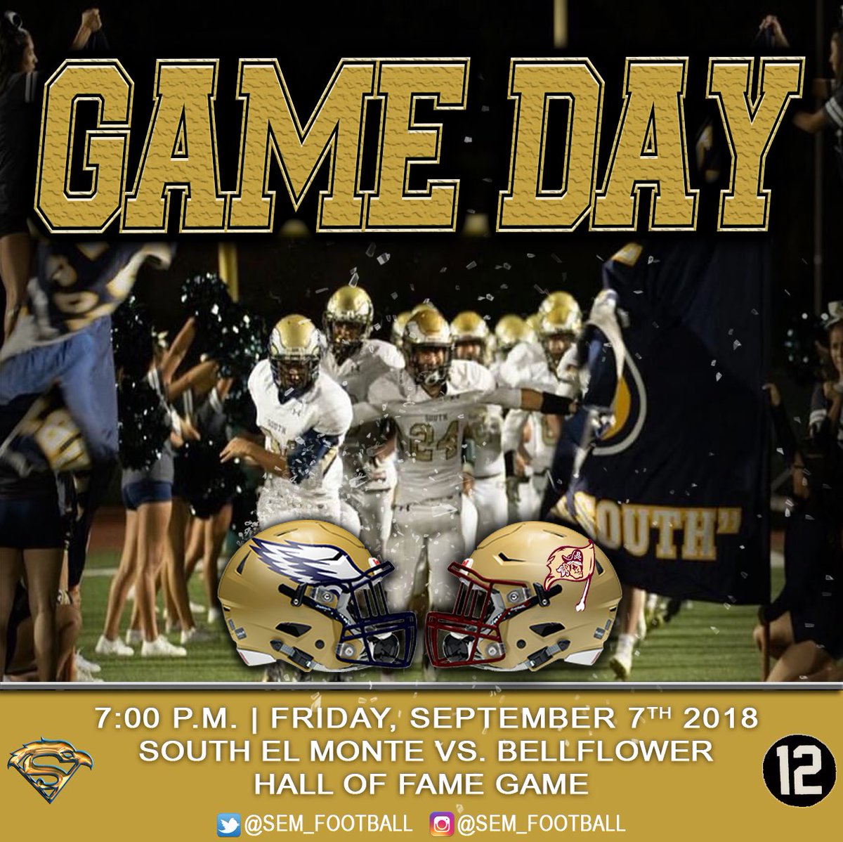 sem_football's tweet photo. #gameday vs Bellflower HS 7:00pm at #theswamp Tonight’s Hall of Fame ceremony honoring @rosales20 @_hof11_ and @tommy_gunn8 will take place at halftime #onetownoneteam #sothside #flyeaglesfly https://t.co/0ib429zv4f