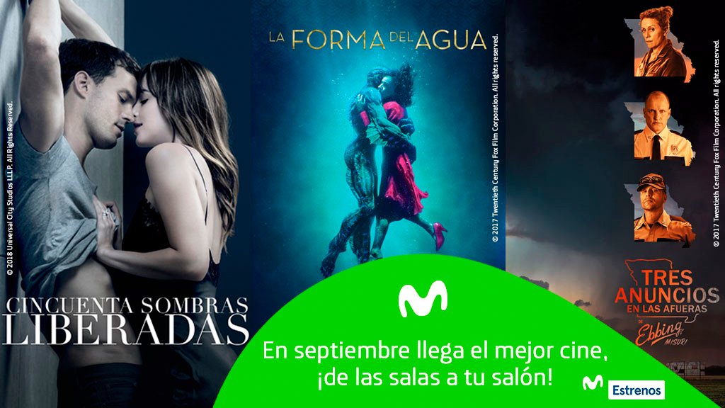 Movistar España on Twitter: "¡Prepárate para un mes de película en  @movistarplus! 🎬 Cincuenta sombras liberadas, viernes 7. 🎬 La forma del  agua, viernes 28. 🎬 Tres anuncios en las afueras, viernes