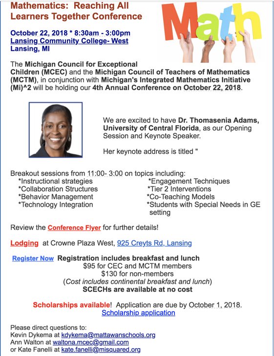 #michcec <a href="/MichiganCEC/">Michigan CEC</a> #backtobasics <a href="/michiganmath/">Michigan Council of Teachers of Mathematics</a>  Do you teach math?  A great learning opportunity for math instructors!  This session will focus on seeking new opportunities to empower all students in mathematics!