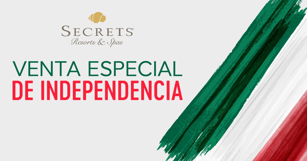 🎊 🇲🇽¡Celebre el Grito de Independencia de México con los descuentos especiales de la #VentaEspecial de #SecretsResorts &amp; Spas!
bit.ly/SecretsIndepen… | 01800 017 3273   
  
*Reserve del 3 al 16 septiembre, 2018. 
#VivaMéxico #PromoHotel #ViajemosPorMexico