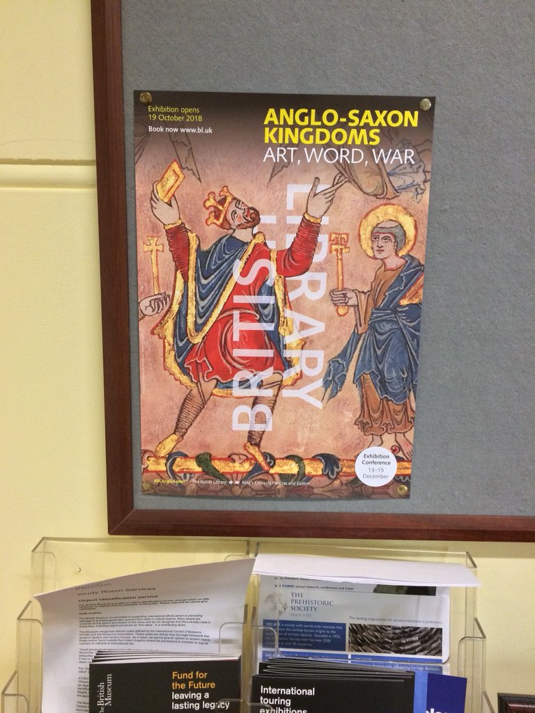 SueBrunningBM's tweet image. *Beautiful* poster for our friends @britishlibrary’s impending #AngloSaxon #exhibition, taking pride of place on our department noticeboard @britishmuseum! Vibrant colours, warm #gold and a very smart #beard on King Edgar. Can’t wait!