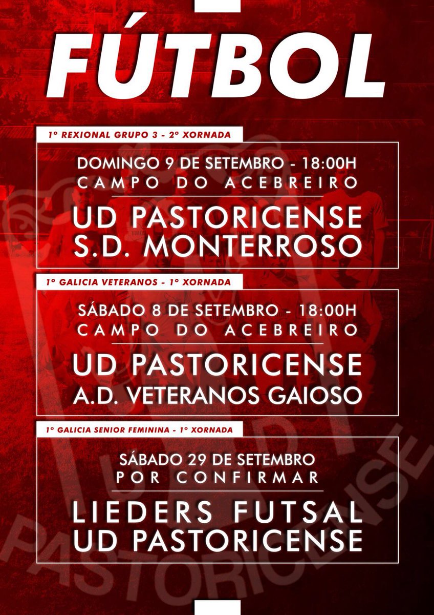 Esta fin de semana dobre ración de fútbol no Acebreiro. 
O sábado o noso equipo veterán iníciase na Liga fronte ao AD Veteranos Gaioso ás 18:00h.
O domingo o equipo de primeira autonólica recibe á SD Monterroso ás 18.30.
Fagamos do Acebreiro un fortín!! #ForzaUD