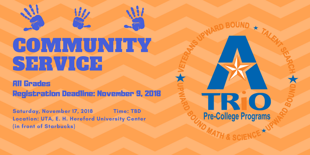 TexanTRiO's tweet photo. Wear your program t-shirt. You will receive a volunteer certificate noting your service hours. Complete permission forms for the 2018-19 academic year, and bring the to room 119! 

Remember, helping others is the secret sauce to a happy life! https://t.co/DOOcD40qdw